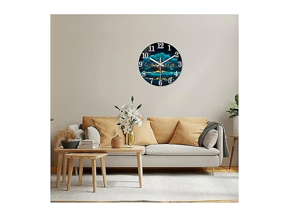 Modern Decor Glass Wall Clocks Battery Operated 12 Inch Teal Tree Life Living