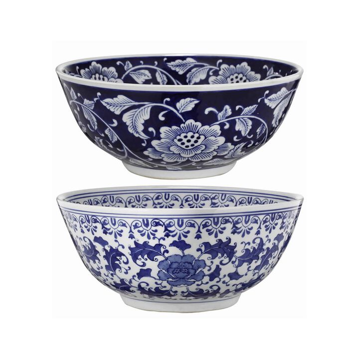 Round Ceramic Bowl with Floral Print, Set of 2, Blue And White,