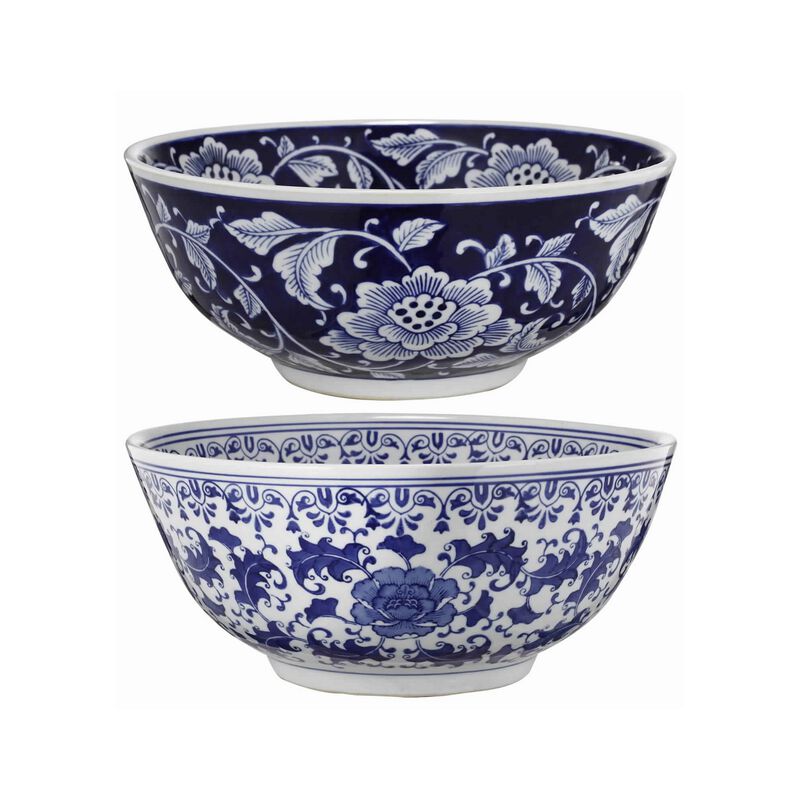 Round Ceramic Bowl with Floral Print, Set of 2, Blue And White, image number 0