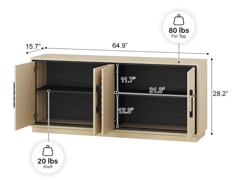 BELLEZE 65-Inch Embossed Buffet Cabinet with Storage, Mid Century Modern Sideboard Large Buffet Console Table for Dining Room, Kitchen, and Living Room (White Lotus)