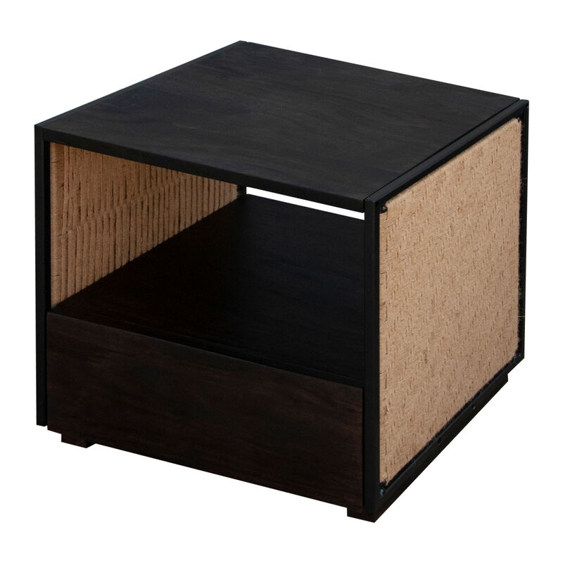 21 Inch Handcrafted Acacia Wood Side Table Nightstand, Woven Jute Side Panels, Brown, Black