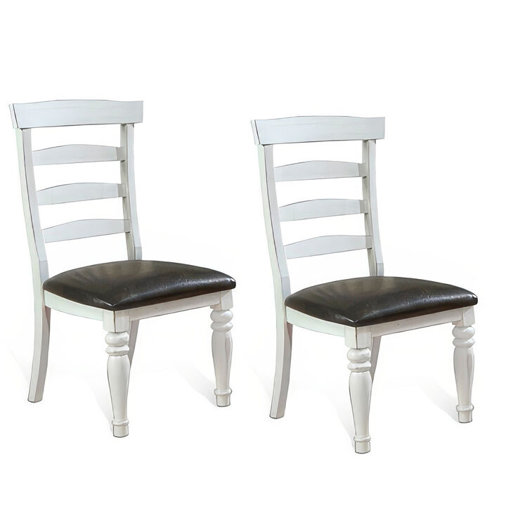 Orso Dining Chair, Set of 2, Ladderback Design, White, Brown Mindi Wood - Benzara