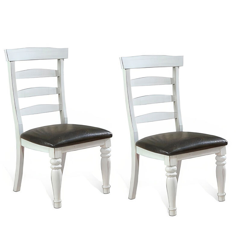 Orso Dining Chair, Set of 2, Ladderback Design, White, Brown Mindi Wood - Benzara