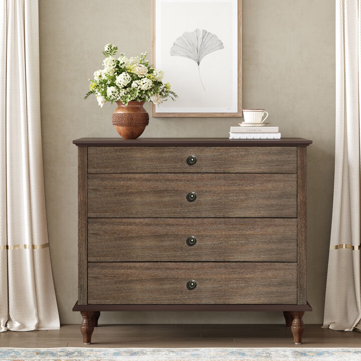 4-Drawer Dresser Chest with Solid Wood Feet, Antique Rustic Storage Cabinet with Metal Knobs for Bedroom, Nursery, Hallway