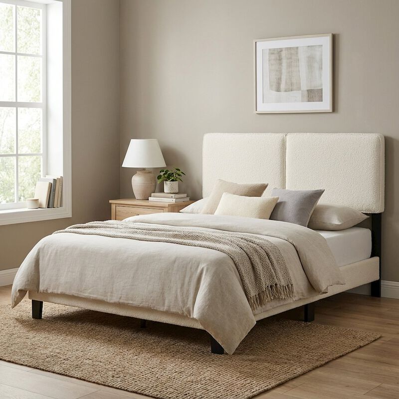 Boucle Fabric Queen Headboard in Neutral Tone, Plush Upholstery, Sturdy Frame image number 3