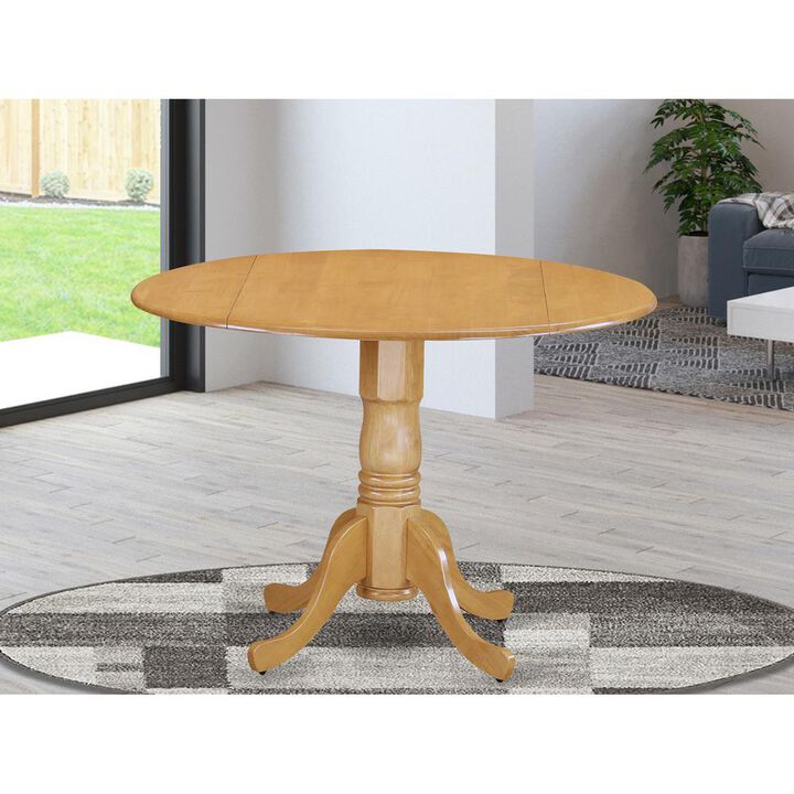East West Furniture Dublin  Round  Table  with  two  9  Drop  Leaves  in  an  Oak  Finish