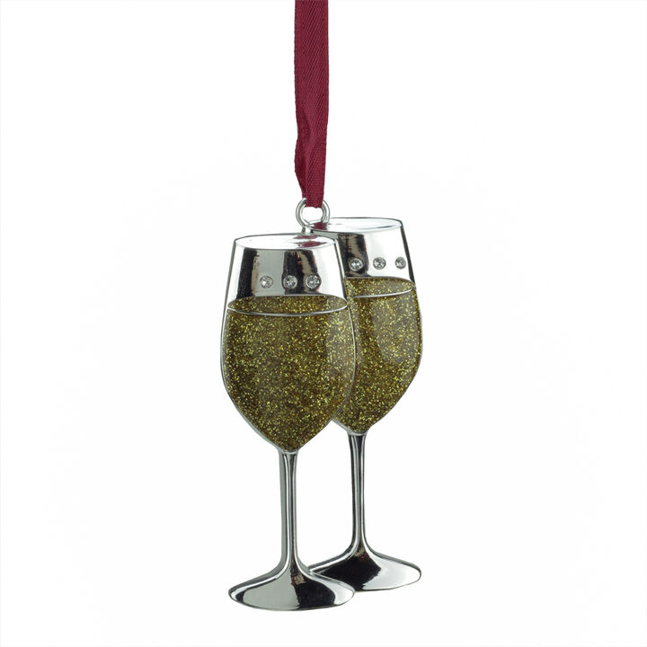 3.25" Gold and Silver Plated Glitter Wine Glasses Christmas Ornament
