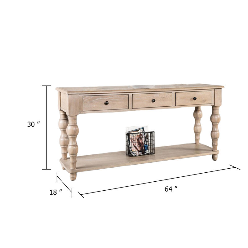 Cherie Sofa Table, 3 Drawers, Shelf, Light White Washed Wood, 64 Inch image number 5