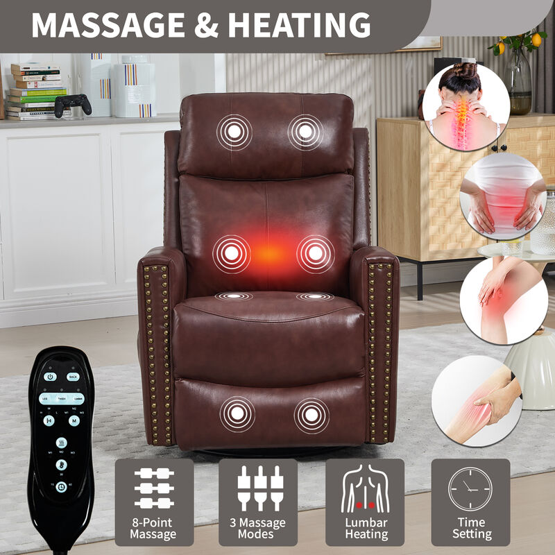 Gnuine Leather Heat Massage Manual Recliner Chair with Rocker and Swivel image number 2