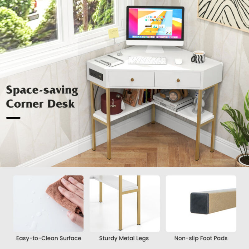 Space Saving Corner Computer Desk with 2 Large Drawers and Storage Shelf