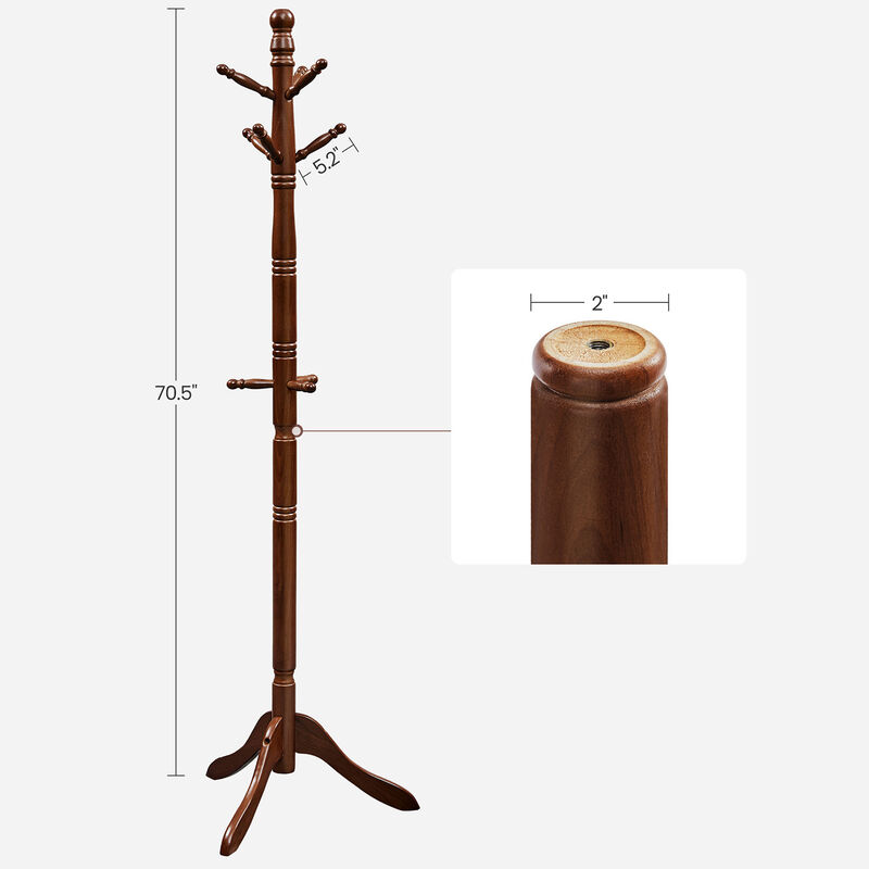 Solid Wood Coat Rack Stand with 10 Hooks - Freestanding Hall Tree