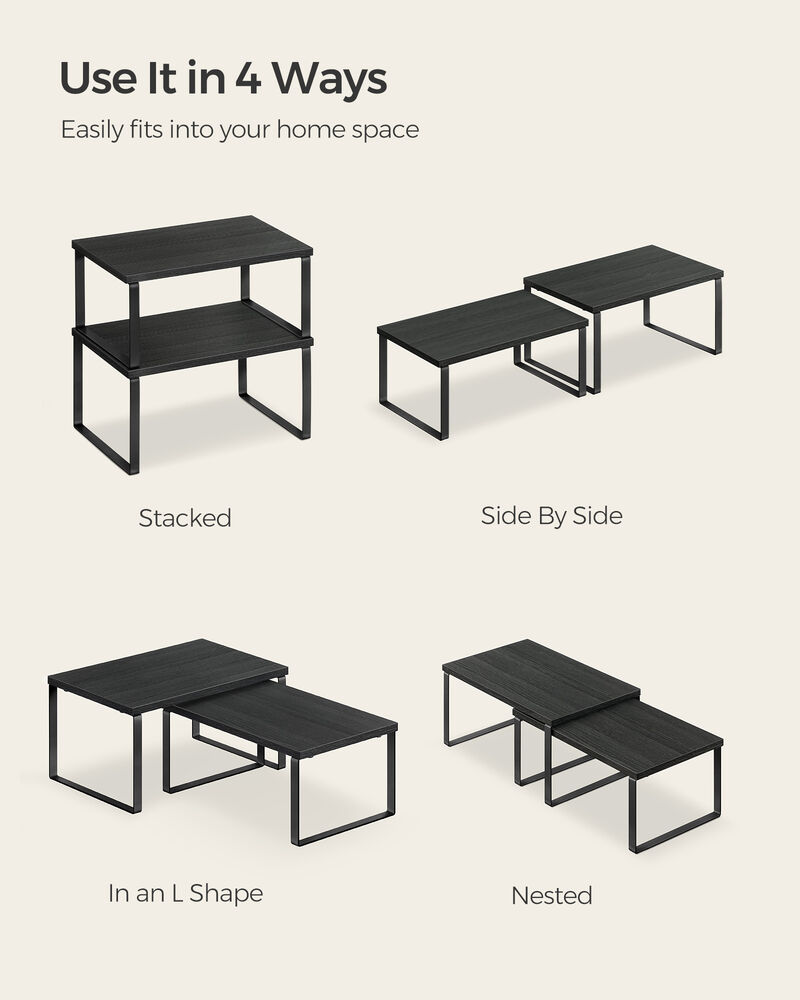 Set of 4 Stackable Cabinet Shelf Organizers - Metal and Particleboard Kitchen Counter Shelves, Expandable