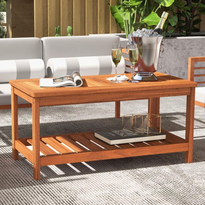 Hivvago 2-Tier Patio Coffee Table with Slatted Tabletop and Shelf