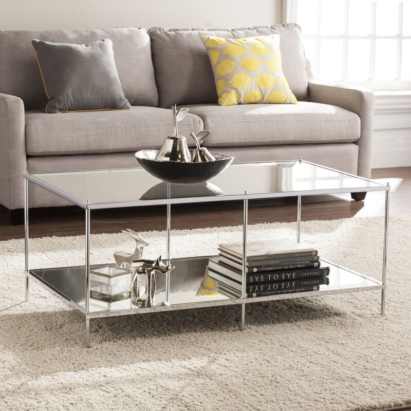 Hivvago 42 Inch  Chrome Glass And Metal Rectangular Mirrored Coffee Table