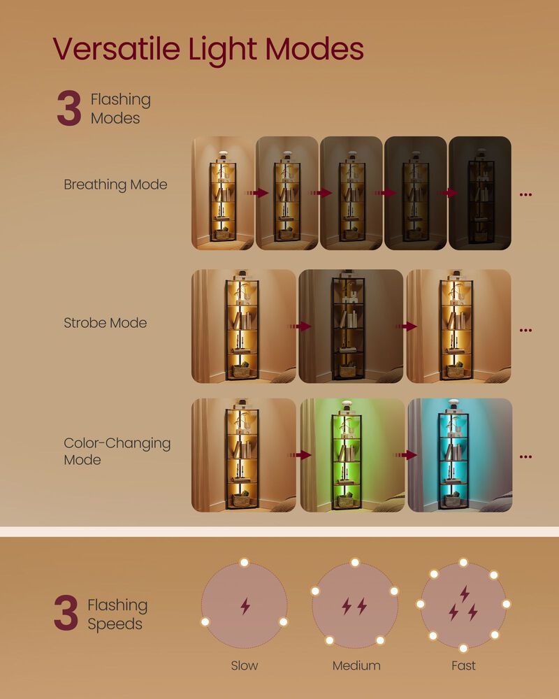 5-Tier Corner Display Shelf with LED Lights Storage Unit for Books, Plants, Frames & Collectibles