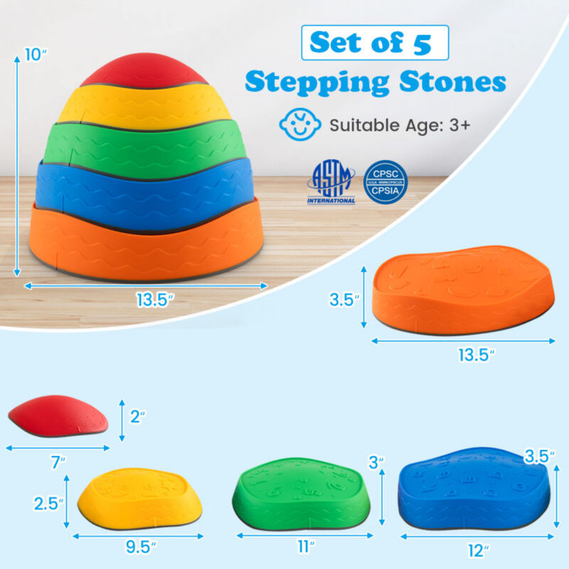 Kids Stepping Stones 5 Piece Round Stackable Indoor Outdoor Balance Blocks-Multicolor image number 2