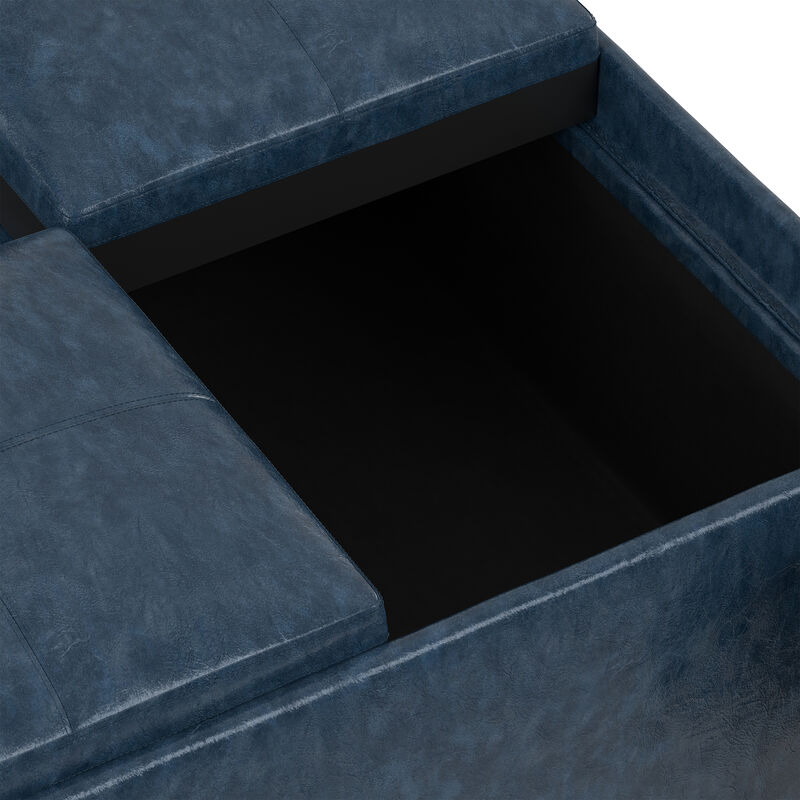 Avalon 35 inch Wide Contemporary Square Coffee Table Storage Ottoman in Denim Blue Vegan Faux Leather, Assembled image number 5