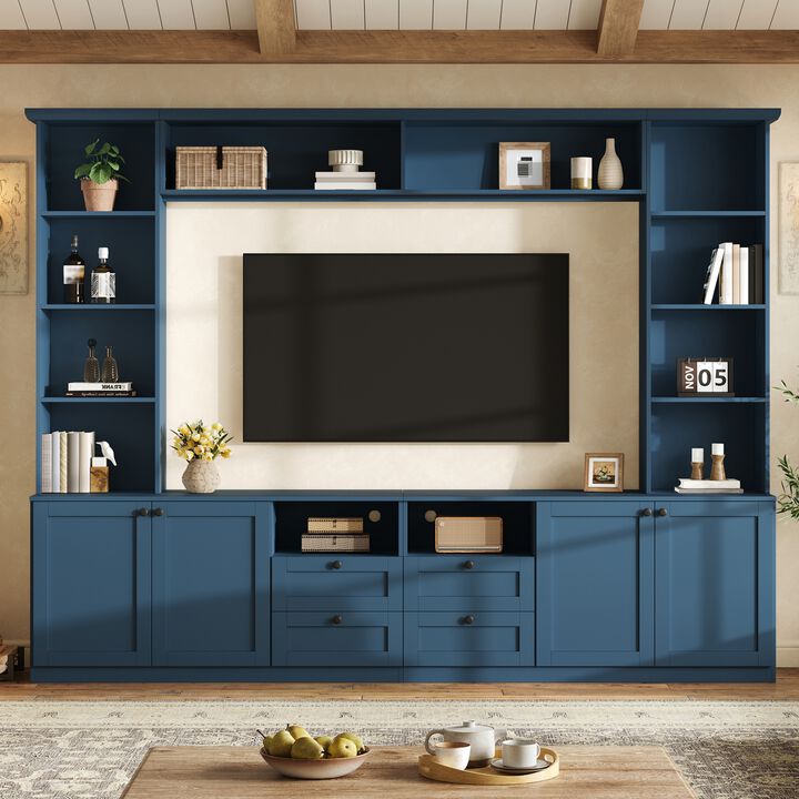 Merax Large TV Stand with Customizable Storage, Adjustable Overhead Bridge, Open Media Shelf
