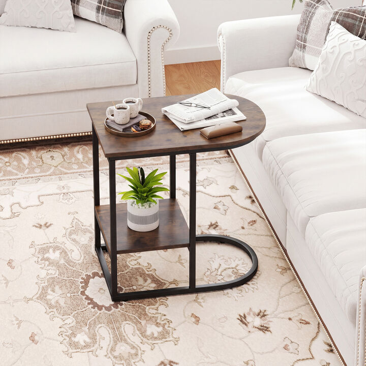 Modern C-Shaped Side Table with Shelf and Tabletop Storage