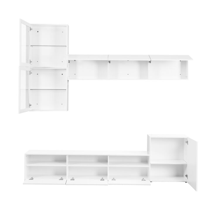 High Gloss TV Stand with Ample Storage Space, Media Console for TVs Up to 75", Versatile Entertainment Center with Wall Mounted Floating Storage Cabinets for Living Room, White