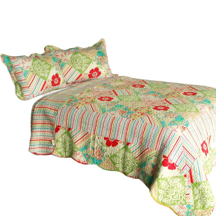 Springtime Hills 3PC Cotton Quilted Floral Quilt Set Queen Size Cozy Printed Bedding