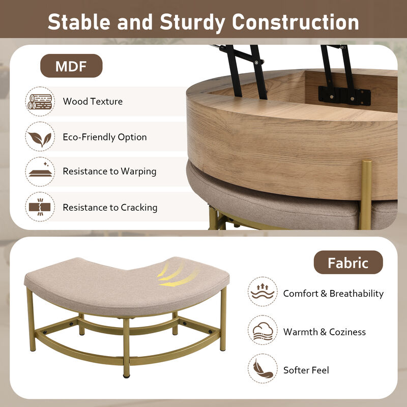 Merax Modern Round Lift-Top Coffee Table with Storage & 3 Ottomans - Multifunctional Cocktail Ottoman Set for Living Room