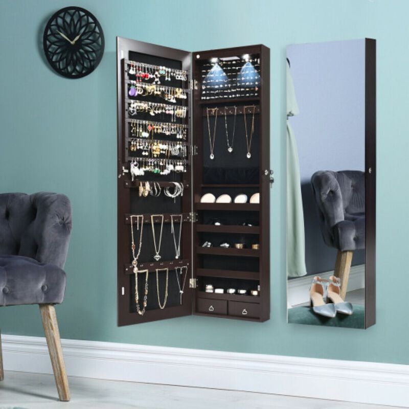 Hivvago Wall and Door Mounted Mirrored Jewelry Cabinet with Lights