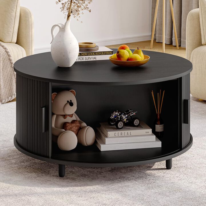 Round Coffee Table 31.5" 360&deg; Sliding Door Storage Fluted Wood Living Room