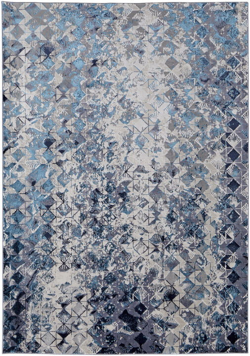 4 X 6 Blue Ivory And gray geometric Power Loom Distressed Area Rug
