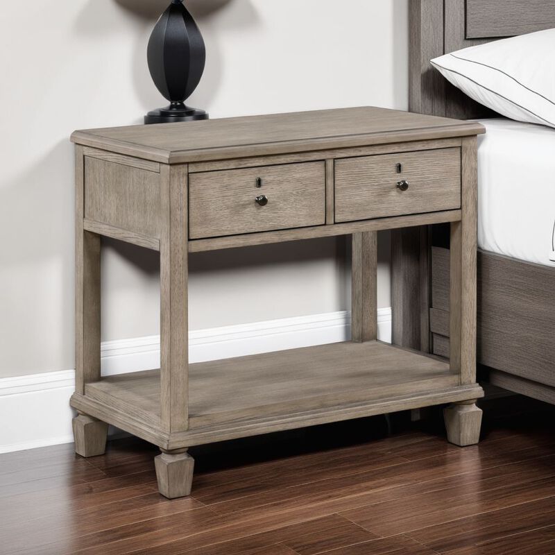 Cely Nightstand, 2 Drawers with Lower Open Shelf, Gray Oak Veneer - Benzara