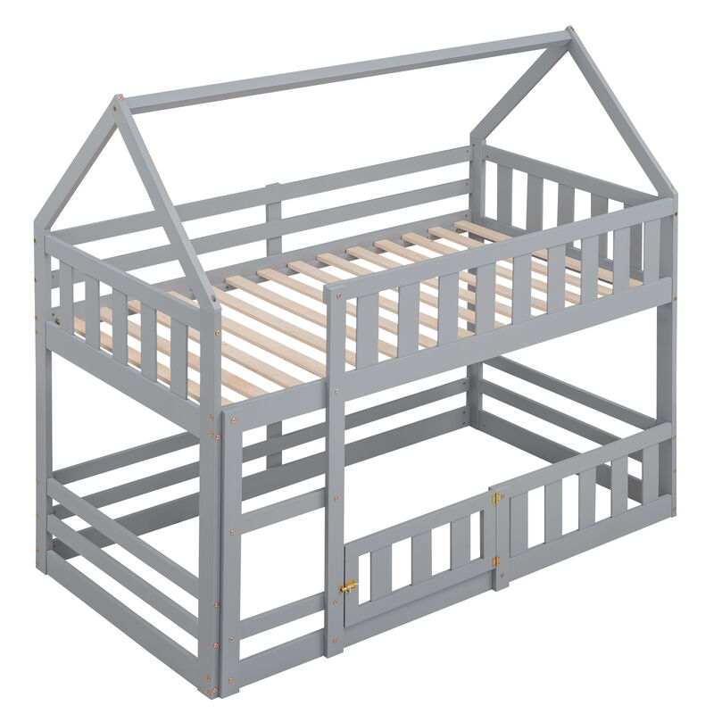 Whisen Wood Twin over Twin House-Shaped Bunk Bed with Fence with Door and Ladder - White
