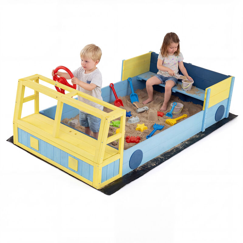 Large Car Style Sandbox with Wooden Frame and Bottom Liner for Kids Outdoor Play-Blue image number 7