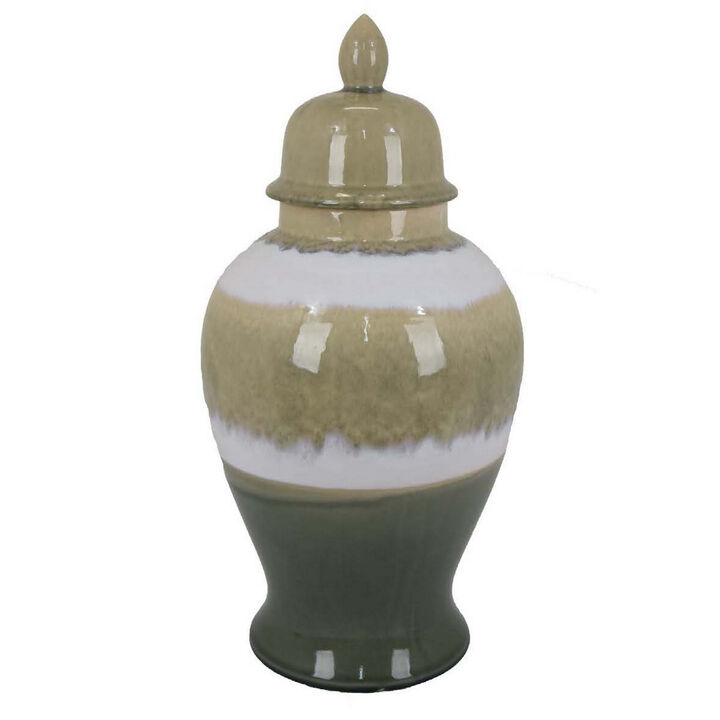 Pril 20 Inch Temple Jar with Clean Lines, Ceramic, Brown, Green Finish - Benzara