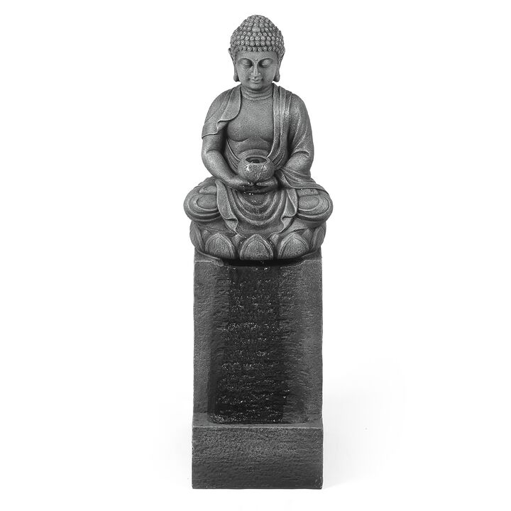 LuxenHome Resin Meditating Buddha on Column Lighted Outdoor Fountain
