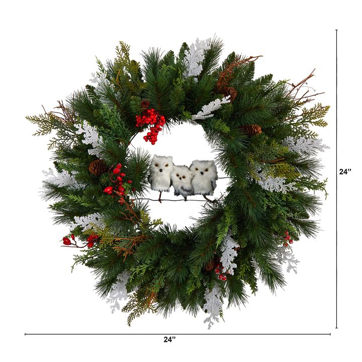 Hivvago 24" Holiday Winter Owl Family Pinecone Berry Christmas Artificial Wreath
