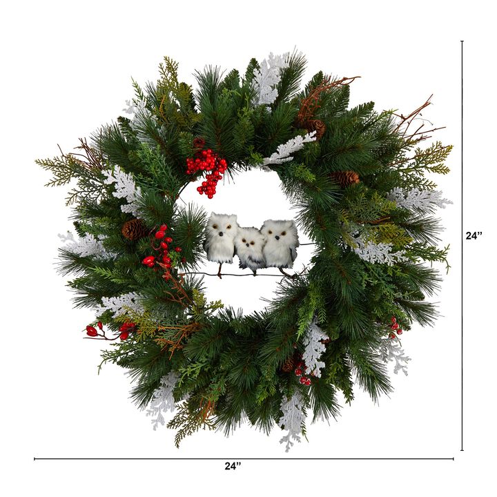 HomPlanti 24" Holiday Winter Owl Family Pinecone Berry Christmas Artificial Wreath
