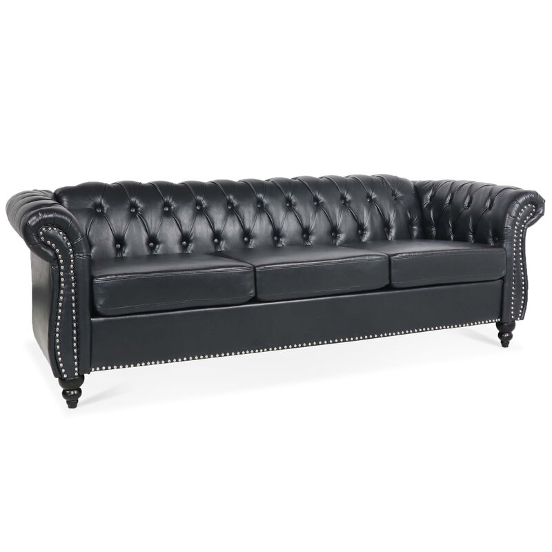 PU Rolled Arm Chesterfield Three Seater Sofa