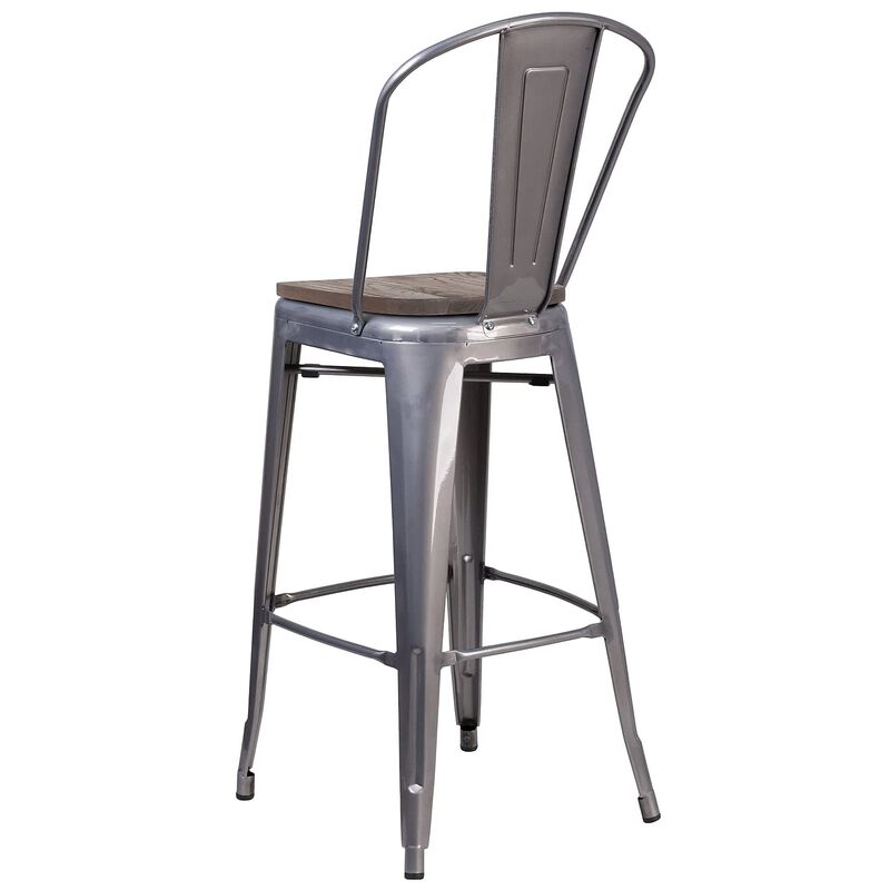 Flash Furniture Lily 30" High White Metal Barstool with Back and Wood Seat