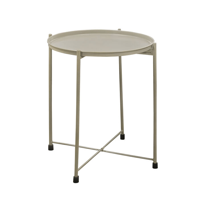 18 Inch Modern Side End Table, Round Metal Tray Top, Foldable Legs, Beige