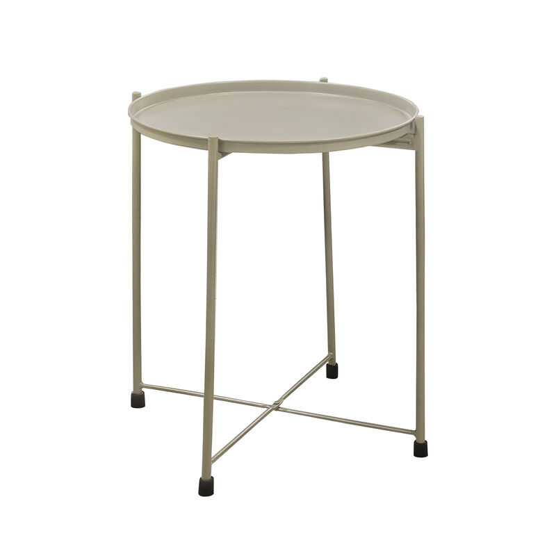 18 Inch Modern Side End Table, Round Metal Tray Top, Foldable Legs, Beige - Benzara