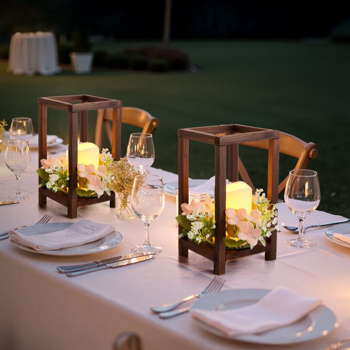 10 Set Wooden Wedding Lantern Centerpieces with Flameless LED Candles and Champagne Flower Wreaths