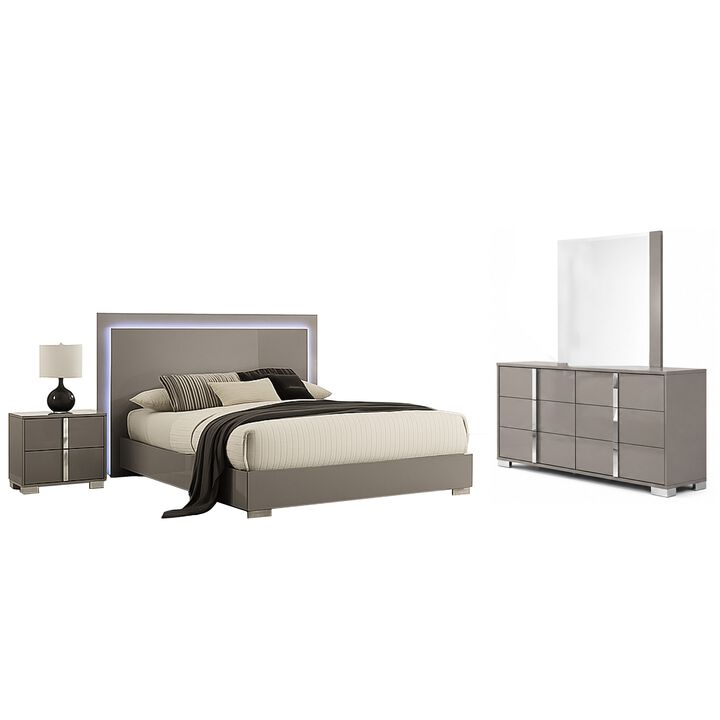 Suni 4pc Complete Queen Bedroom Set w LED Headboard, Light Taupe Gray
