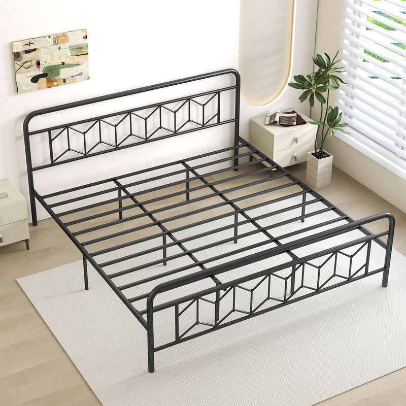 Platform Bed with High Headboard and Snap Lock Metal Slats Support