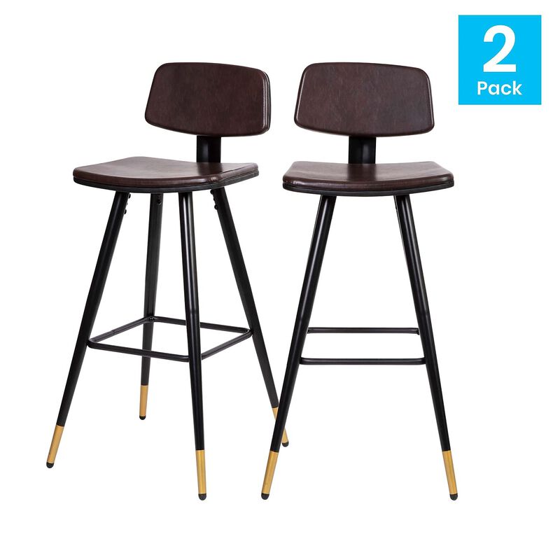 Flash Furniture Kora Commercial Grade Low Back Barstools-Brown LeatherSoft Upholstery-Black Iron Frame-Integrated Footrest-Gold Tipped Legs-Set of 2