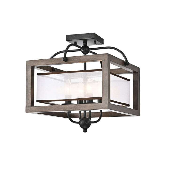 Karin 4-light Antique Black Metal Natural Wood Flush Mount with Fabric Shade