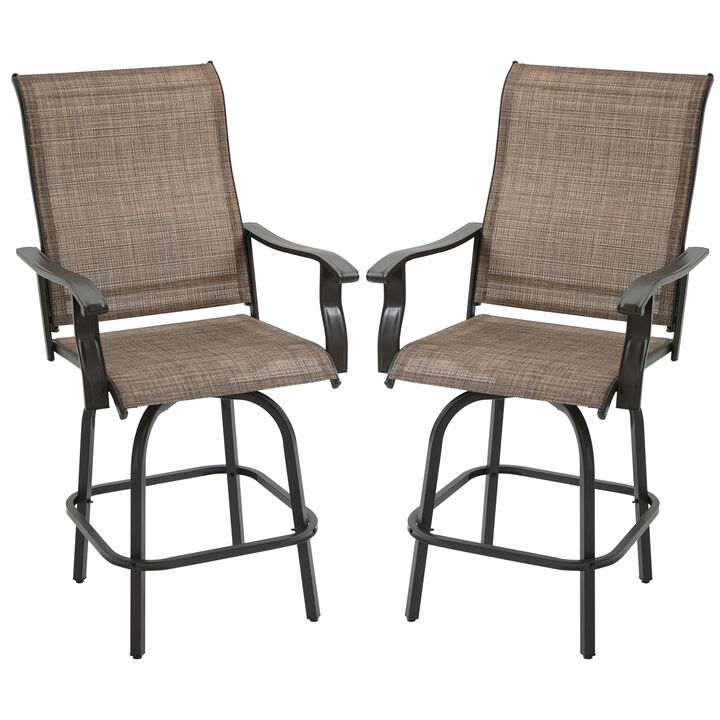 Outsunny Set of 2 Outdoor Swivel Bar Stools with Armrests, Bar Height Patio Chairs with Steel Frame for Balcony, Poolside, Backyard, Brown