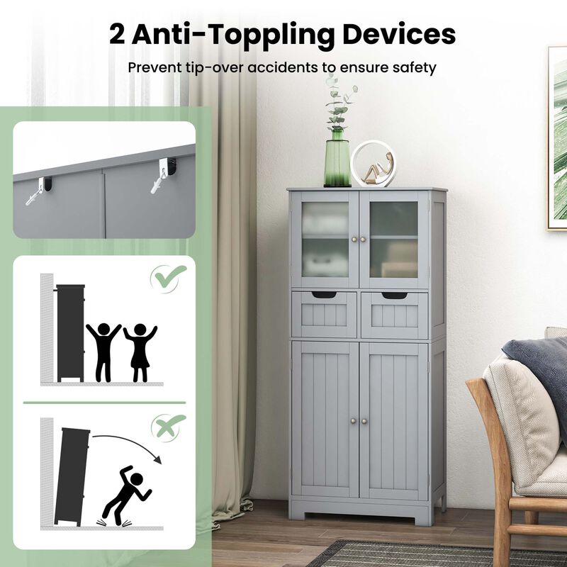 Costway Bathroom Floor Storage Cabinet Kitchen Cupboard with 2 Drawers & Glass Doors Grey
