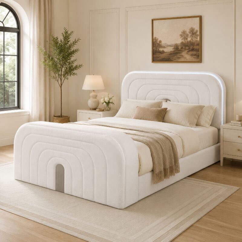 Kery King LED Bed w TV Cabinet, Fireplace, White Teddy Sherpa Upholstery image number 8