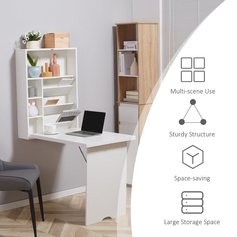 Space-Saving Workstation: White Wall-Mounted Convertible Desk with Storage