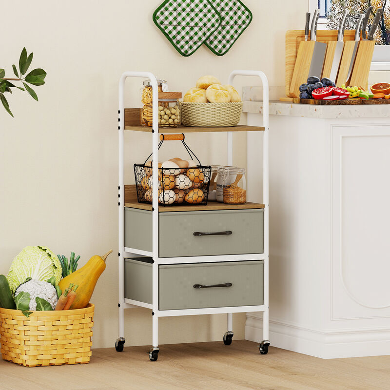 2-Shelf Rolling Utility Cart with 2 Fabric Storage Drawers-Natural image number 4